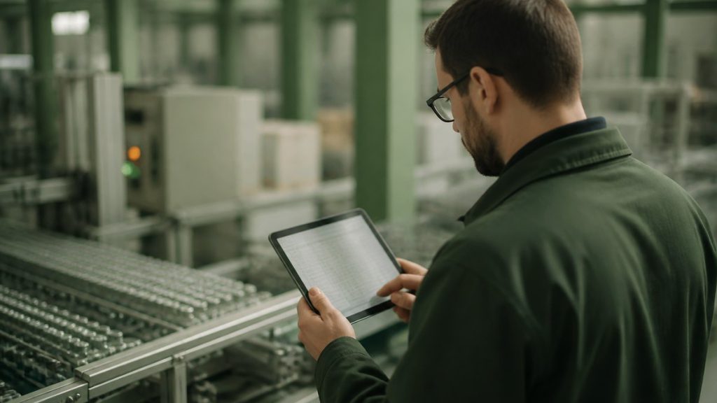 Fabrikada tablet üzerinden ürün veri kaydını inceleyen çalışan