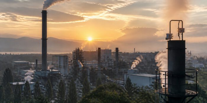 Gün doğumunda sanayi bölgesi silueti ve emisyon izleme donanımı